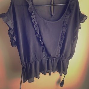 American Eagle Sheer Ruffle Blouse with Tassles